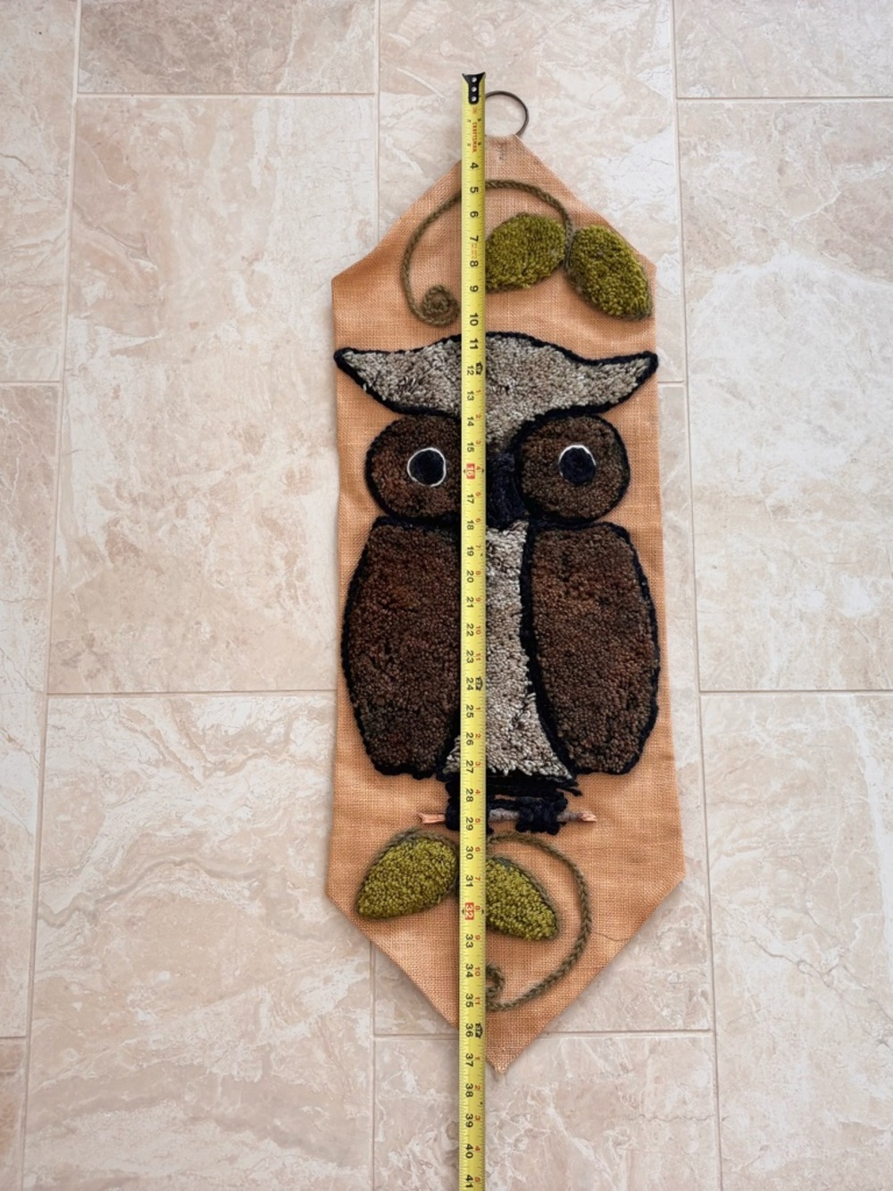 70's Woodland Owl on Branch Crewel Embroidery Hanging Art MCM Whimsical Retro - Picture 5 of 7
